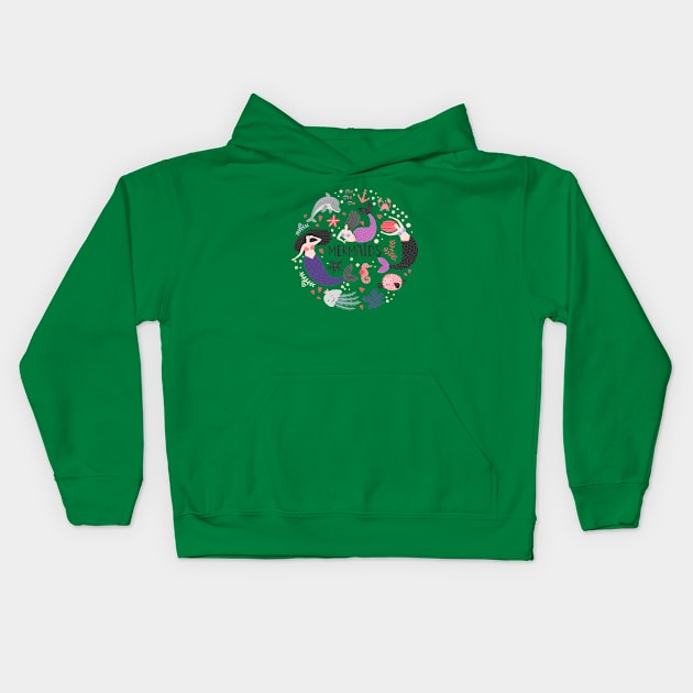 Mermaids doodle ocean animals Kids Hoodie by Mako Design 